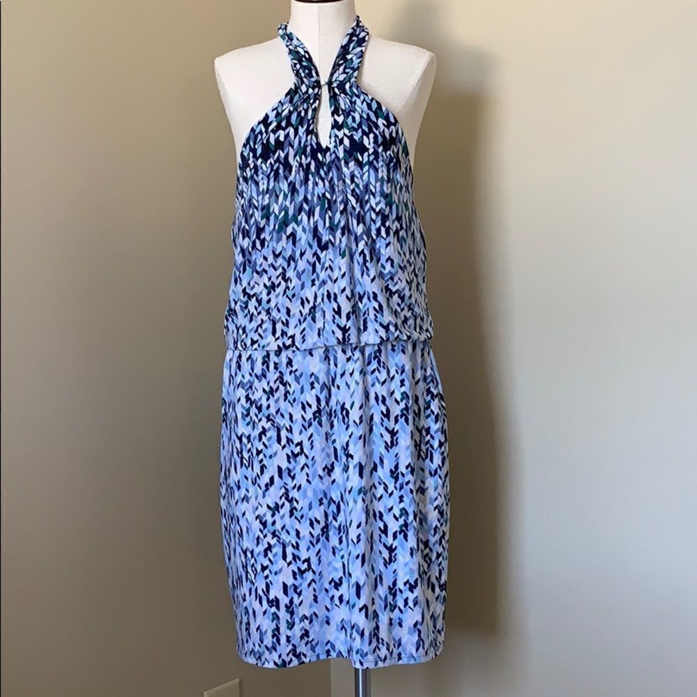 Blue White Geometric Halter Dress